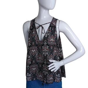 🍒 Ditsy Floral Print Top Sleeveless Size Large Black and Pink Tie at The Neck